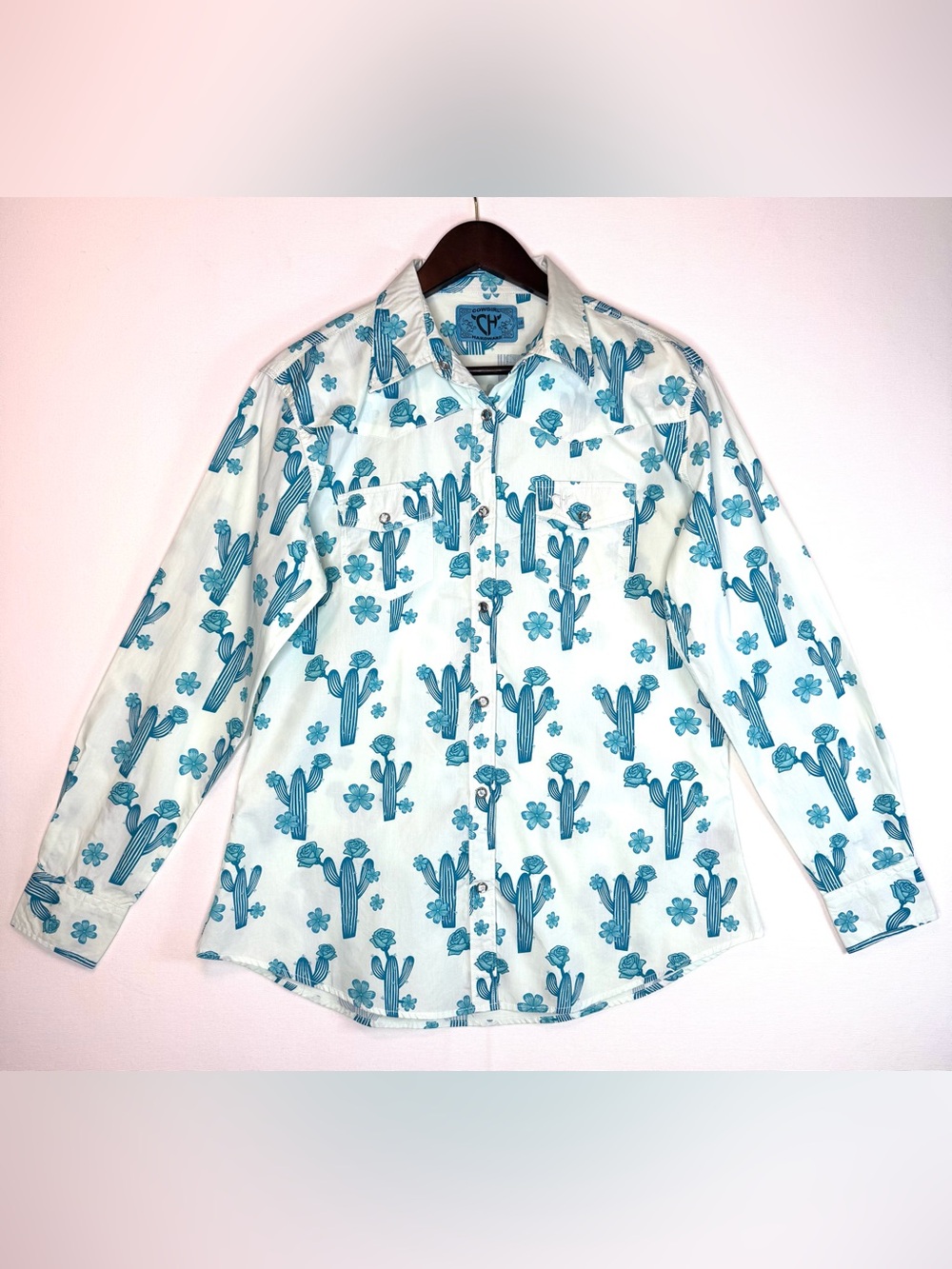 Cowgirl Hardware Women's Teal Cactus Western Shirt Sz Lg rhinestone snap buttons